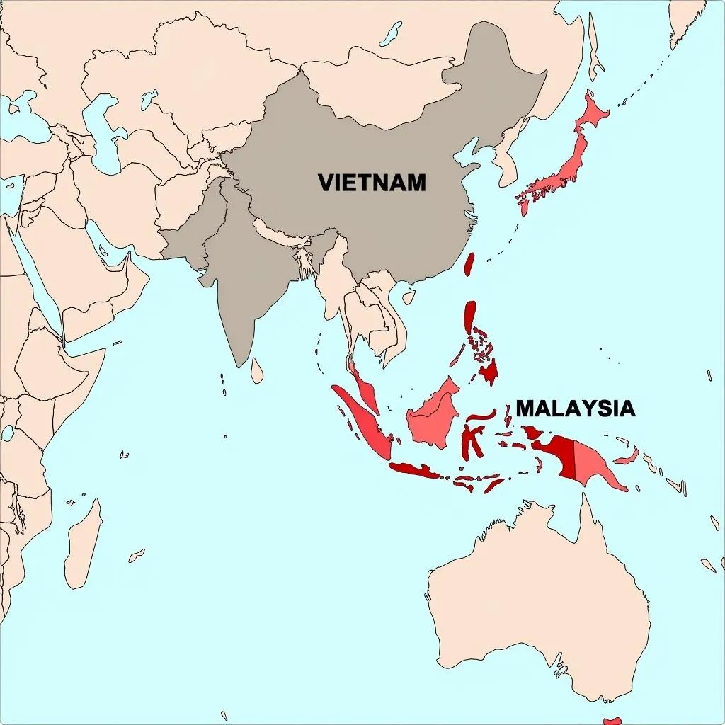 Bản đồ thế giới hiển thị vị trí Việt Nam và Malaysia