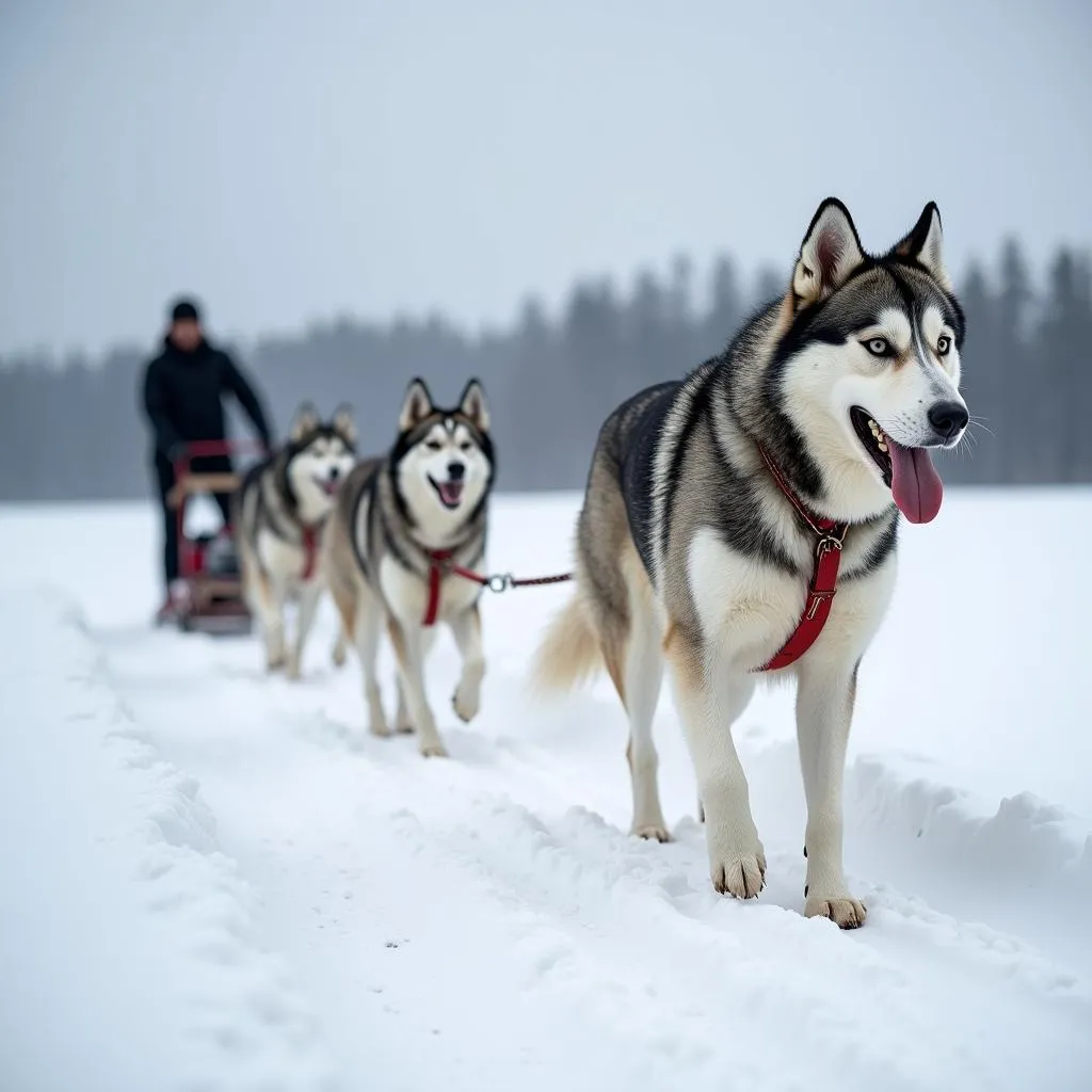 Chó Alaska được huấn luyện kéo xe trên tuyết