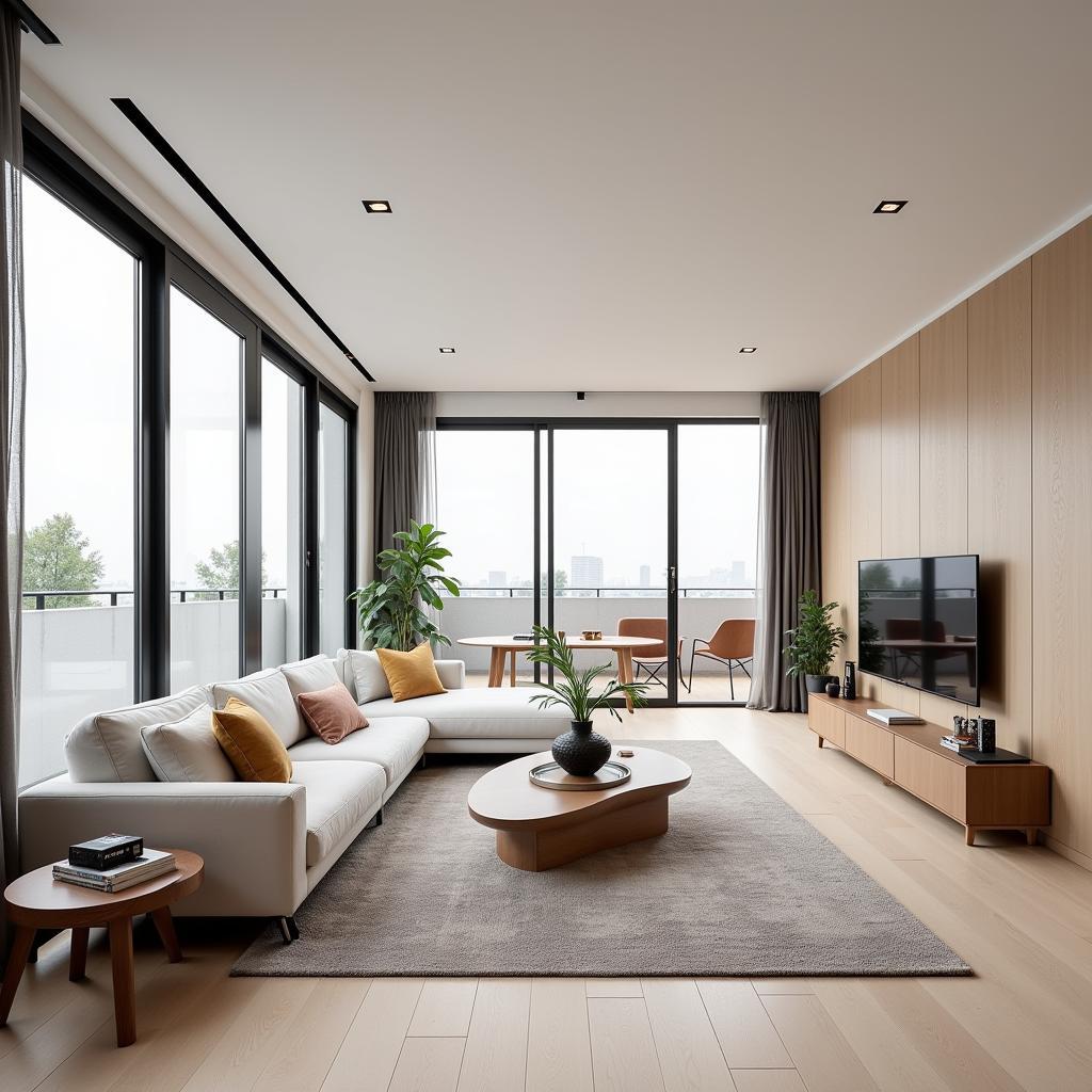 Spacious living room in a modern low-rise apartment with stylish furniture and large windows