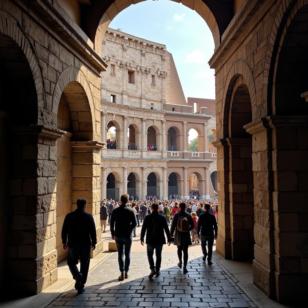 Tourists walking inside the Colosseum