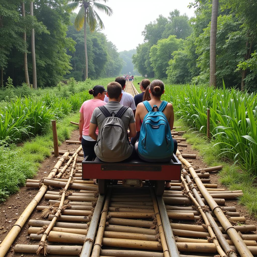 Du khách trải nghiệm "tàu tre" - một phương tiện di chuyển độc đáo trên đường ray tre ở Campuchia