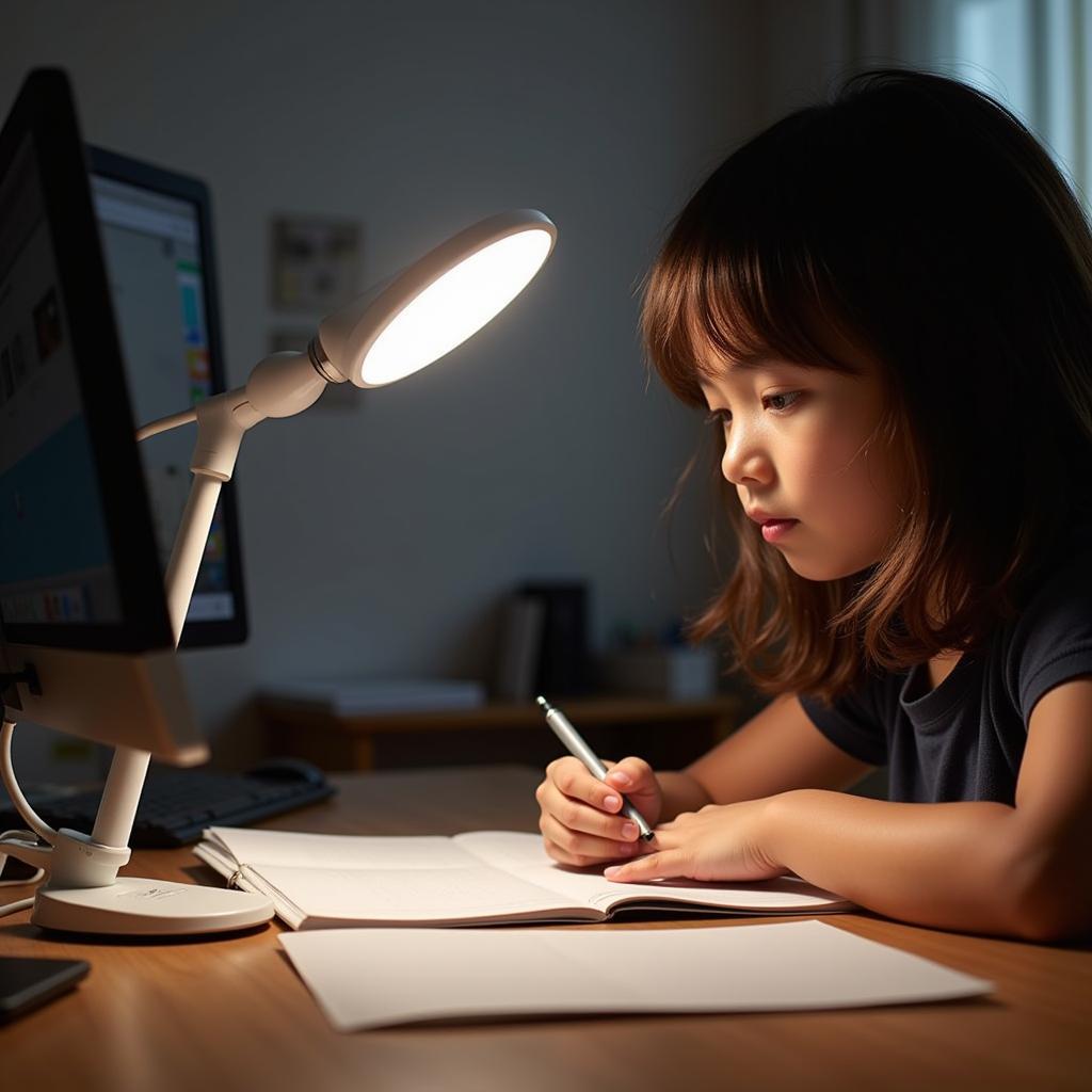 Student studying with a clip-on desk lamp