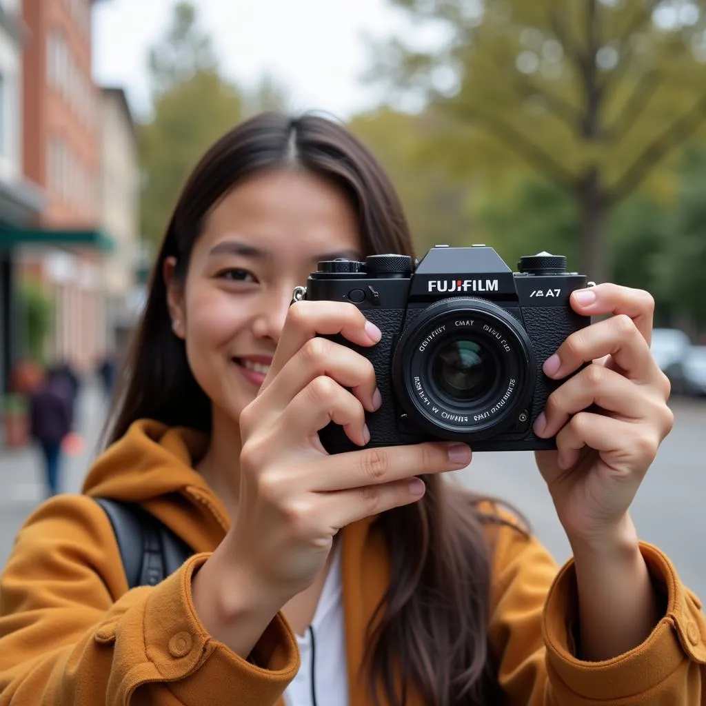 Cô gái sử dụng Fujifilm X-A7 với màn hình lật để chụp ảnh selfie