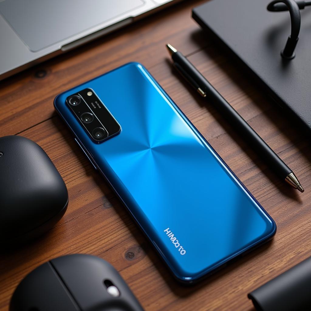 Điện thoại K20 Pro màu xanh được đặt trên bàn gỗ, xung quanh là các phụ kiện