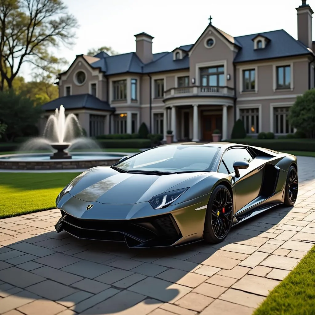 Sports car parked in front of a luxury villa