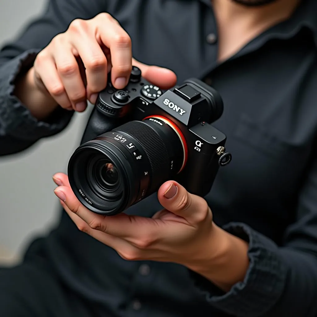 Người dùng cầm máy ảnh Sony A9 Mark II