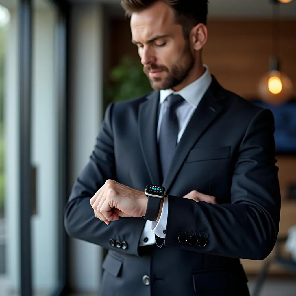 CEO wearing a smartwatch while controlling a smart home