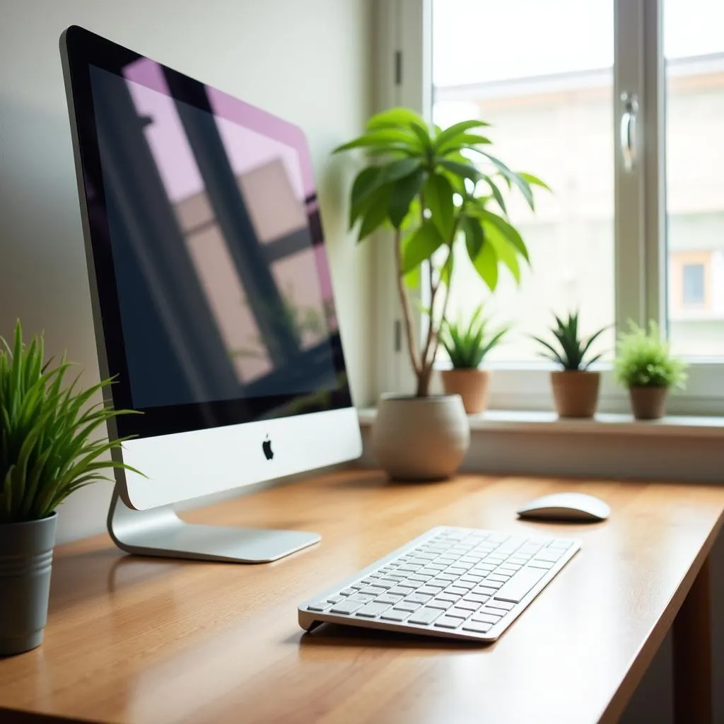 Desk setup with a computer, keyboard, mouse, and a small plant on a wooden desk.