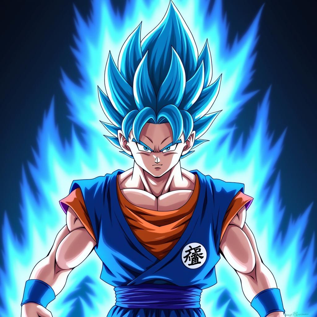 Hình ảnh Songoku cấp cuối Siêu Saiyan Blue với hào quang xanh mạnh mẽ