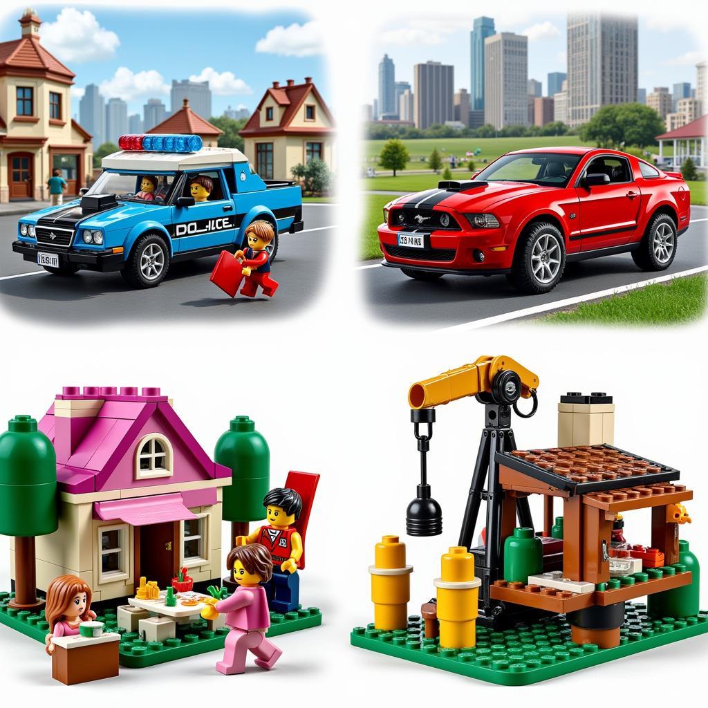 Hình ảnh các loại Lego phổ biến như Lego City, Lego Technic, Lego Friends, và Lego Duplo, minh họa sự đa dạng về chủ đề và độ tuổi.